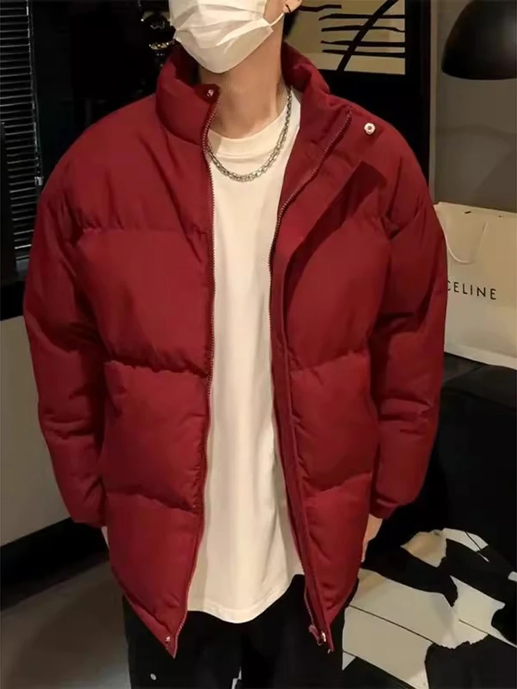 

Ankela Men's Thiened Cotton Jaet Red Wine Color Stand Collar Winter Outerwear Casual Sle Long Sve Zipper Closure Coat