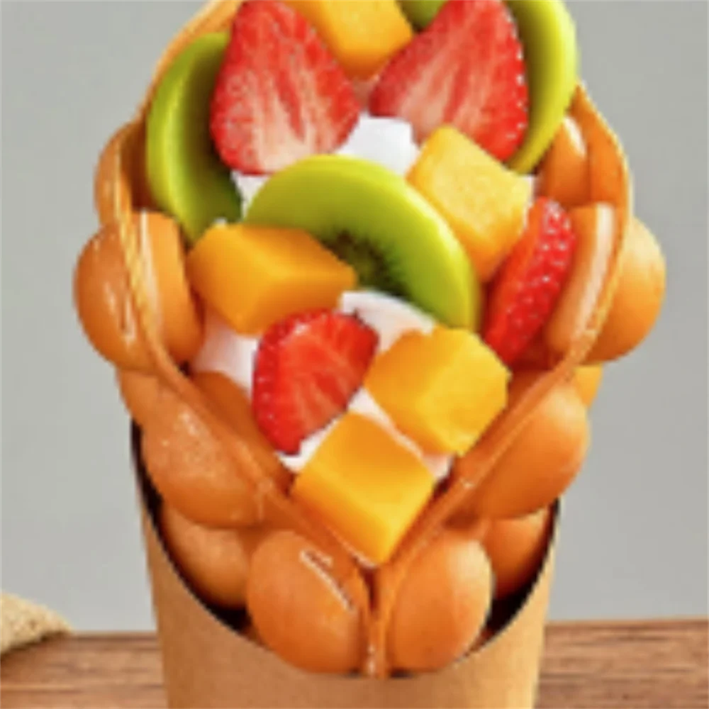 Fresh Mango Whipped Cream Kiwifruit Fruit Slices Strawberry Mix Fruit Bubble Waffle Snack Cart Display Props With Paper Hold Toy