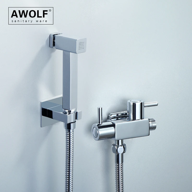 

Awolf Chrome Toilet Hygienic Shower Set Solid Brass Bidet Sprayer Dual Handles Dual Outlets Douche Kit Anal Shower System AP2347