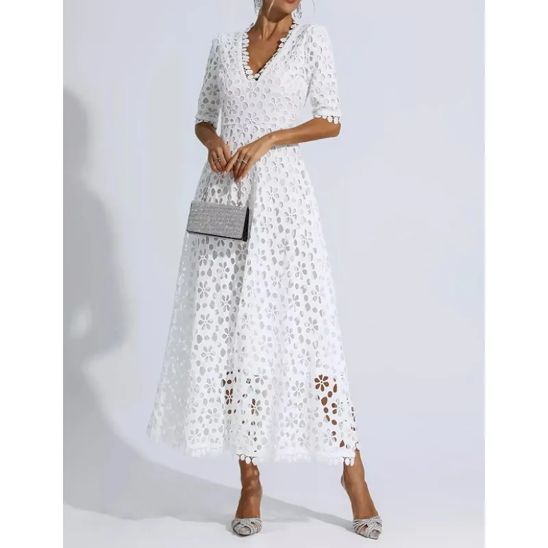 Robe de soirée élégante en dentelle, Corset ajouré, Sexy, Y2K, bureau, manches courtes, col en V, fluide, style Boho, longue robe de plage