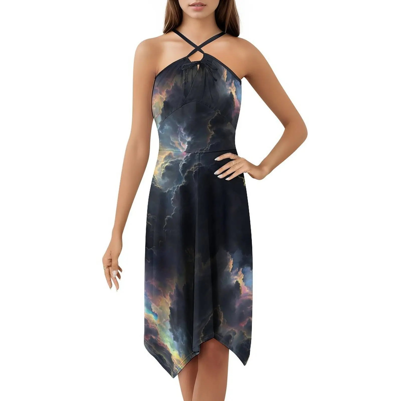 真珠光沢のある雲 レディース エレガント パーティードレス Aラインドレス ショート/ロング/ノースリーブオプション付き 人工虹色 カラフル