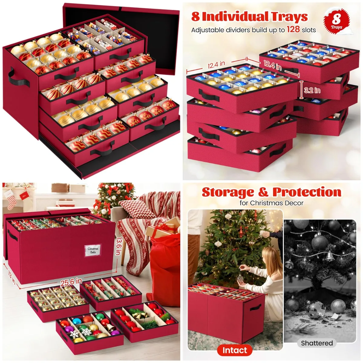 

Christmas Ornament Storage Box with 8 Trays, Adjustable Dividers, Handle & Cover - Red