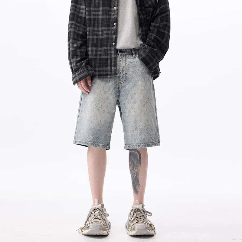 

Men American High Street Vintage Jacquard Washed Denim Shorts Male Summer Youth Popular Jeans Daily Lightweight Versatile Pants