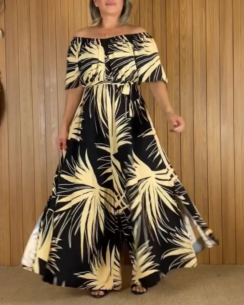 

Tropical Print Off the Shoulder Short Sleeve Waist Tied Detail Dress