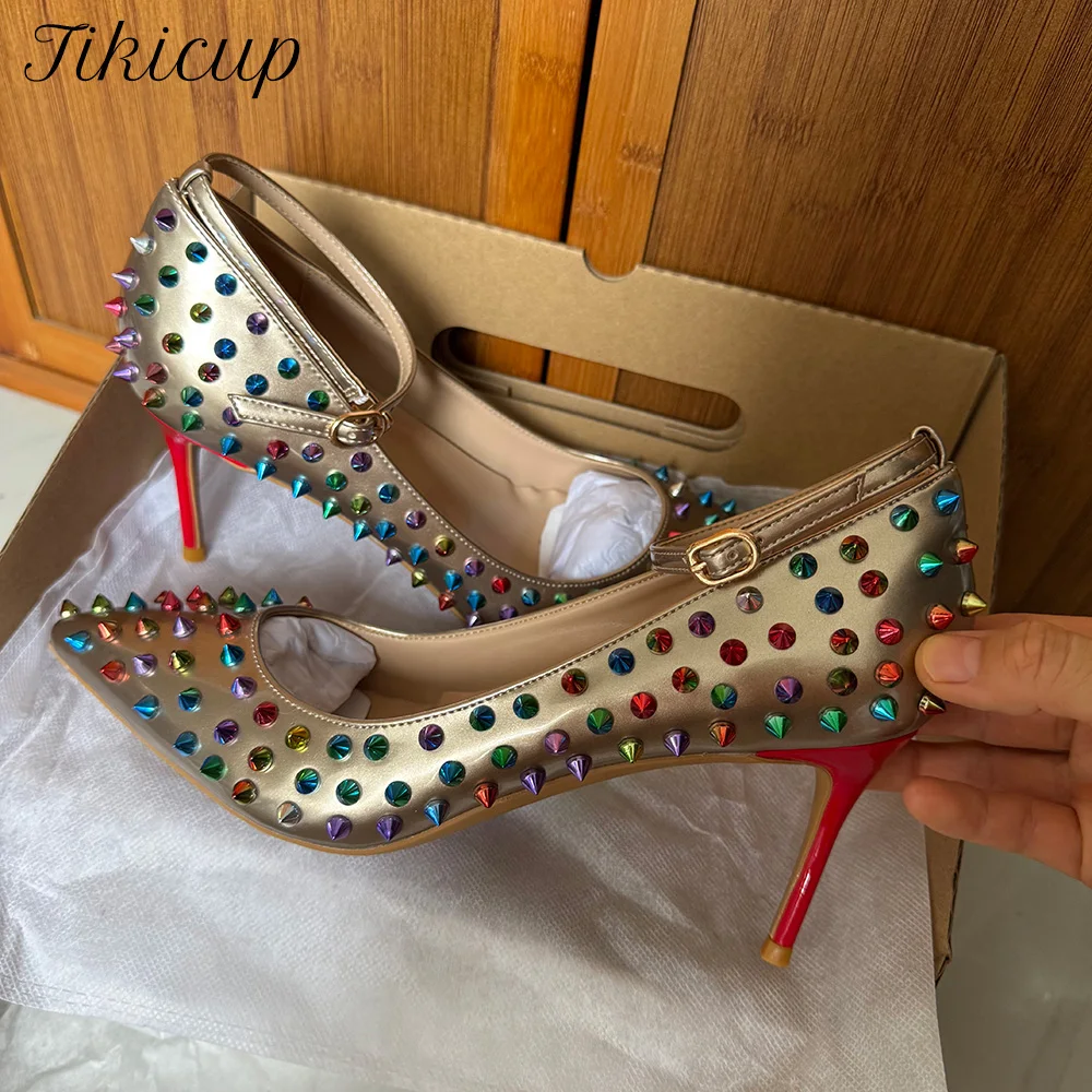 

Сексуальные женские туфли-лодочки на высоком каблуке золотого цвета с острым носком и шипами на заказ, женские туфли-лодочки на шпильке, модельные туфли для свадебной вечеринки