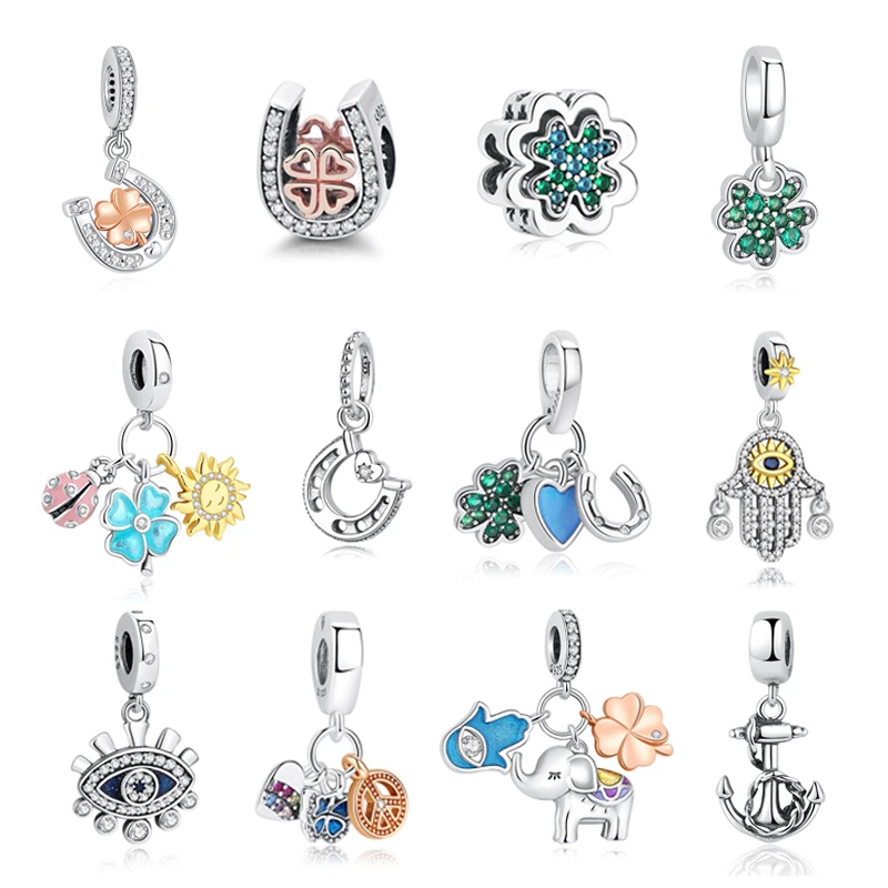 

Original 925 Sterling Silver Charms Lucky Clover Horseshoe Hamsa Hand Bead Fit Brand Bracelets Necklaces DIY Jewelry For Women