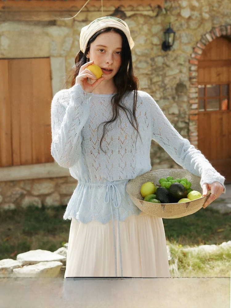 

Женский шерстяной вязаный свитер OLrain с длинным рукавом, весна 2026, с завязками на талии, утягивающий, французский стиль, мягкий полиэстер