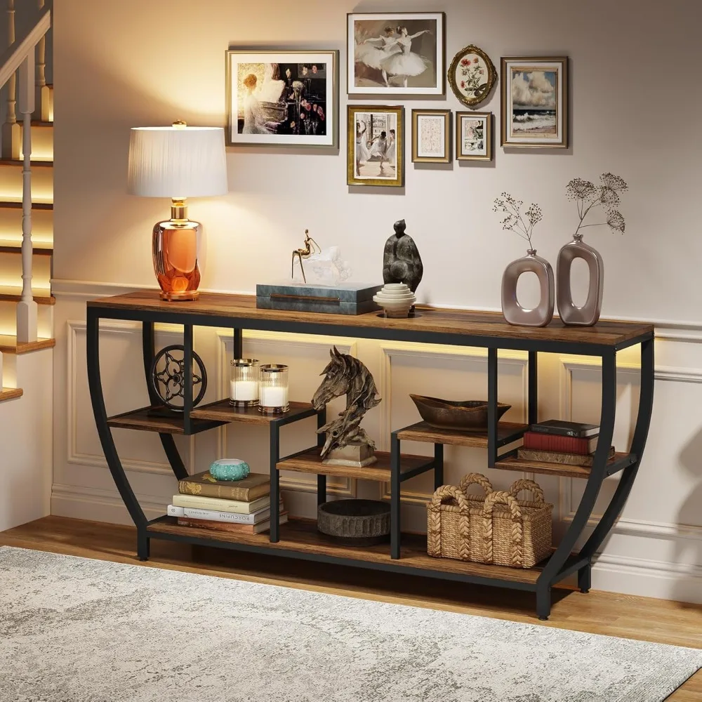 70.9 Inch Long Sofa Table with Shelves, Rustic Console Table with Storage, Industrial Entryway Table TV Stand, Behind Couch Tab