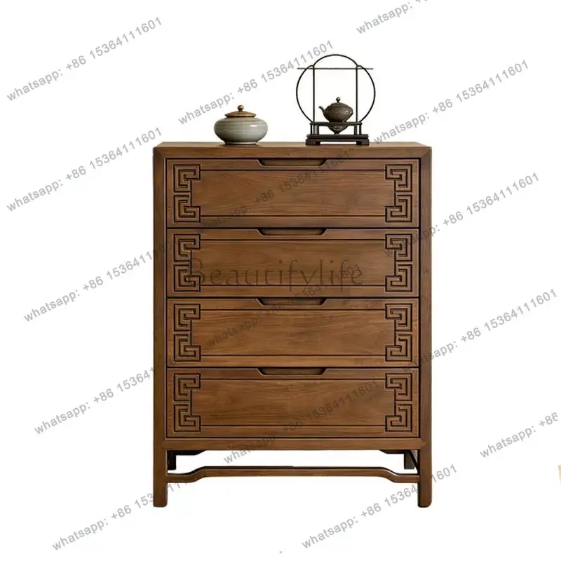 YJ New Chinese North American black walnut chest modern simple solid wood bedroom storage cabinet drawer storage