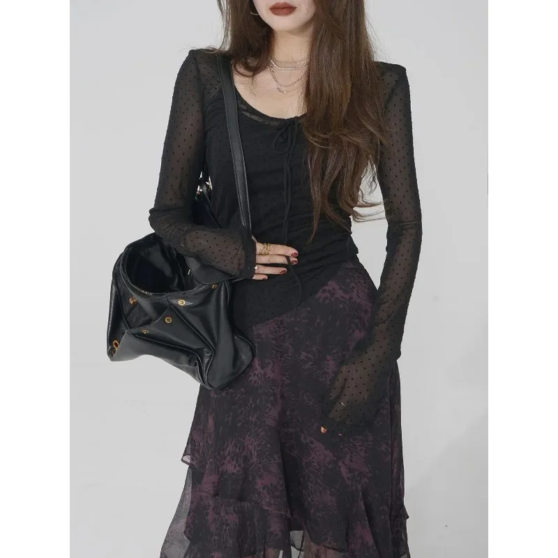 

Ретро сетчатая бархатная прозрачная нижняя рубашка с длинными рукавами, осенний новый топ в горошек с тонкой футболкой