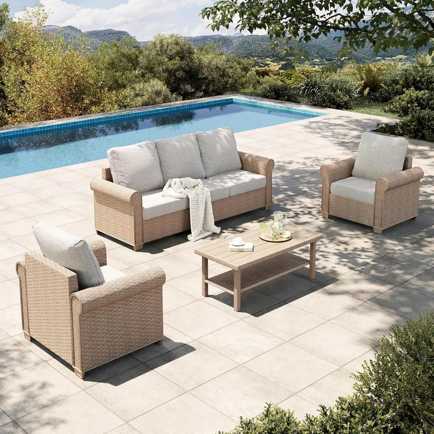 

4-Piece Patio Furniture Set, All Weather 5 Seats Outdoor Wicker Sofa With 44" Coffee Table, 5.5" Thick Waterproof, Customized