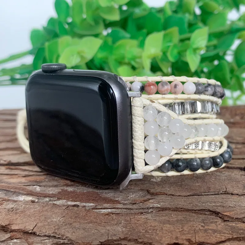 

Natural Stone Watch Strap White Gray Apple Watch Band Rhodonite Labradorite Watchband Bracelet Iwatch Smart Watch 38 40 42 44 mm