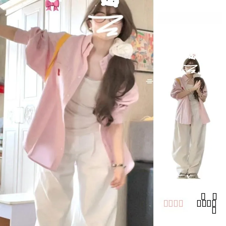 

Pink Striped Women's Sun Protection irt Casual Ele Korean Sle Loose Fit Long Sve Collar Mid-Length Coat