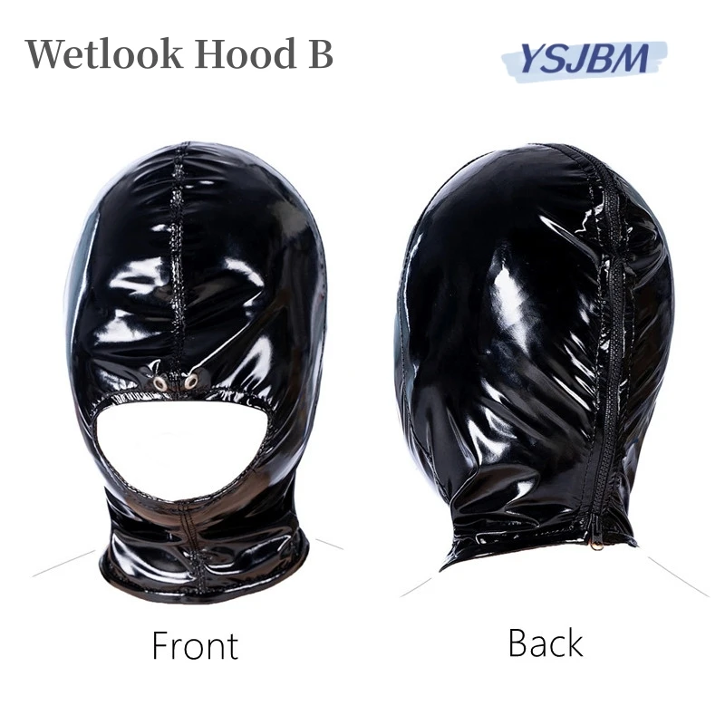 Sexy Bondage Hood Costume of Fetish Sensory Deprivation Wetlook Leather Mask with Handcuffs for Couple BDSM Role Play Sex Toys