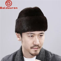 2024 Hot Sale Winter Man Top Real Mink Fur Bomber Hat Male Genuine Marten Head Warm Black/Brown Caps Best Gift For Dad Gorras