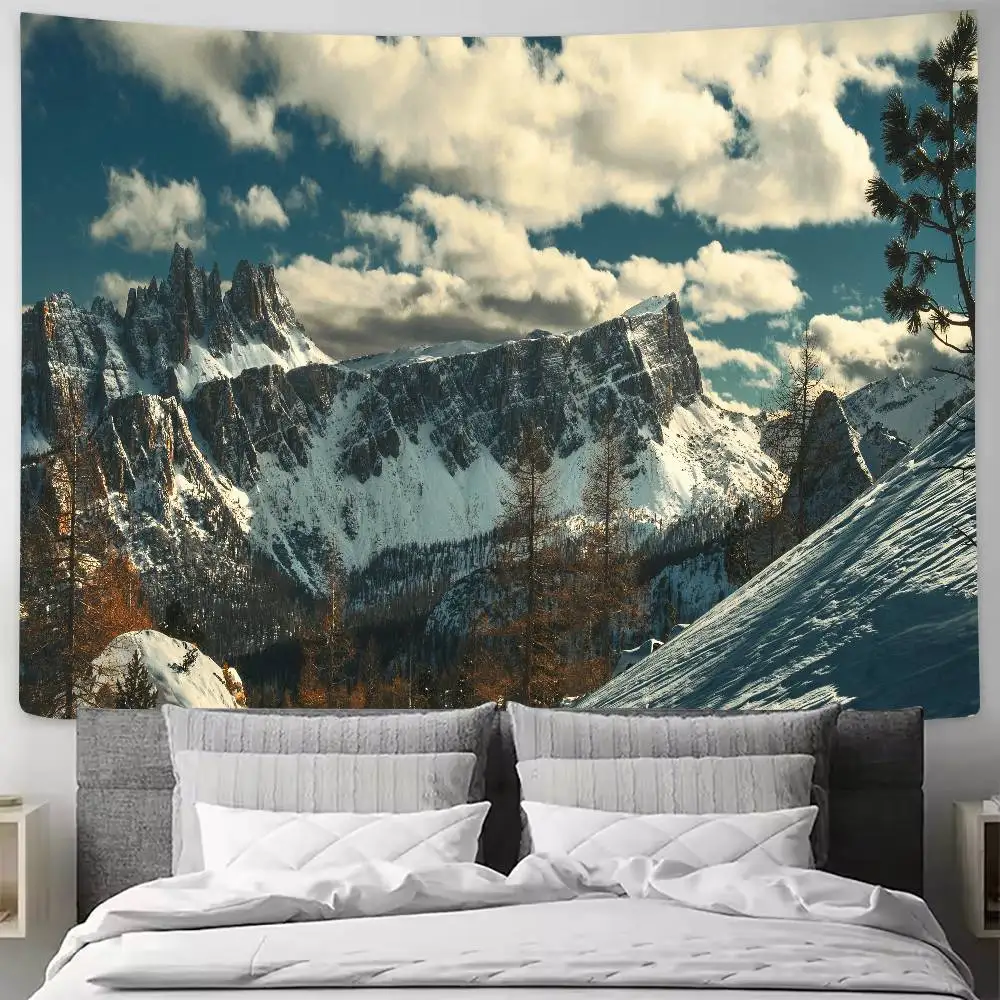 Snow Mountain Nature Landscape Tapestry, Majestic Rocky Mountain Peak Scenery Cloud Sky Forest Mountain Wall Tapestry Decor