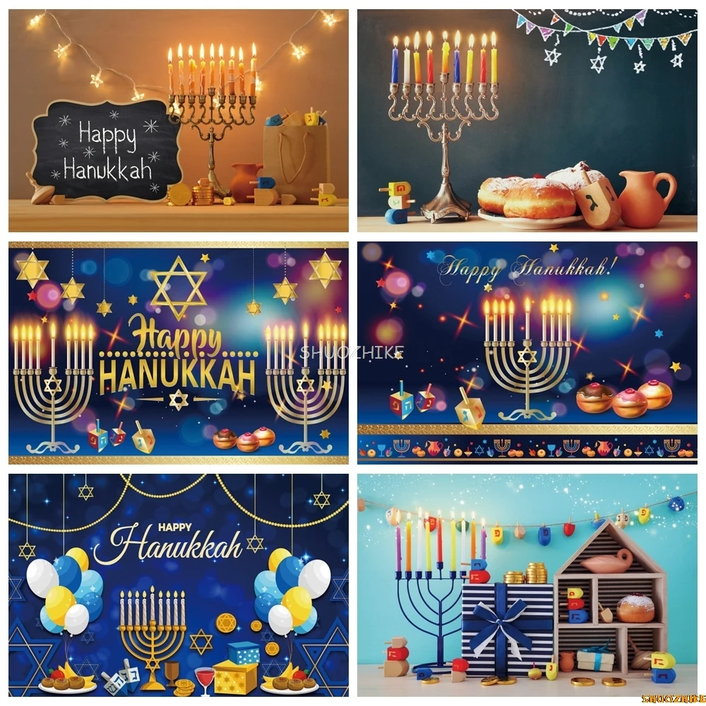 Happy Hanukkah Backdrop for Photography Jewish Holy Holiday Festival Party Candle Candelabra Background Decor Photo Studio Props