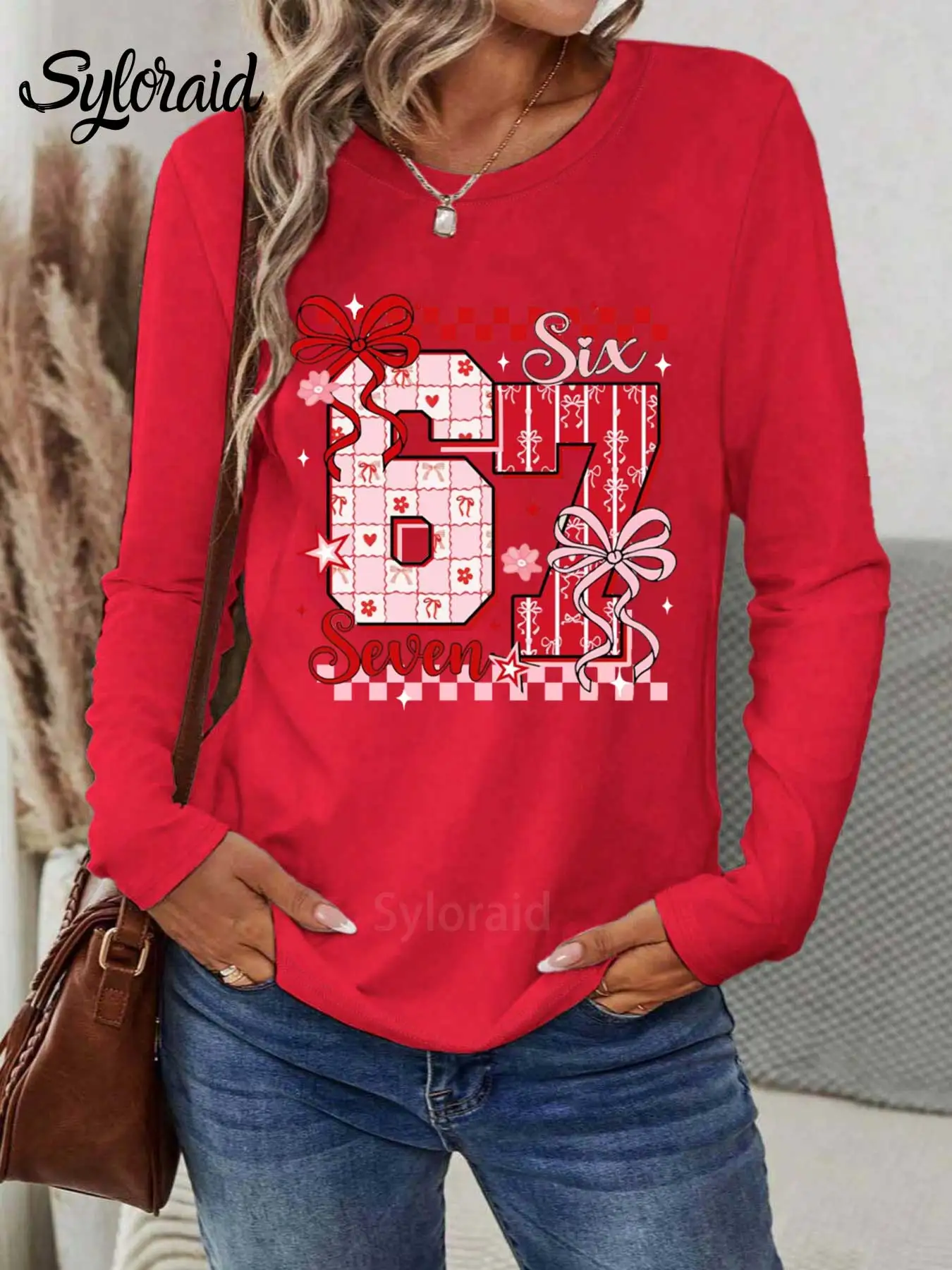 여성용 긴 소매 티셔츠 핑크 웃긴 식스 세븐 꽃무늬 리본 프린트 티셔츠 패션 라운드 넥 캐주얼 탑