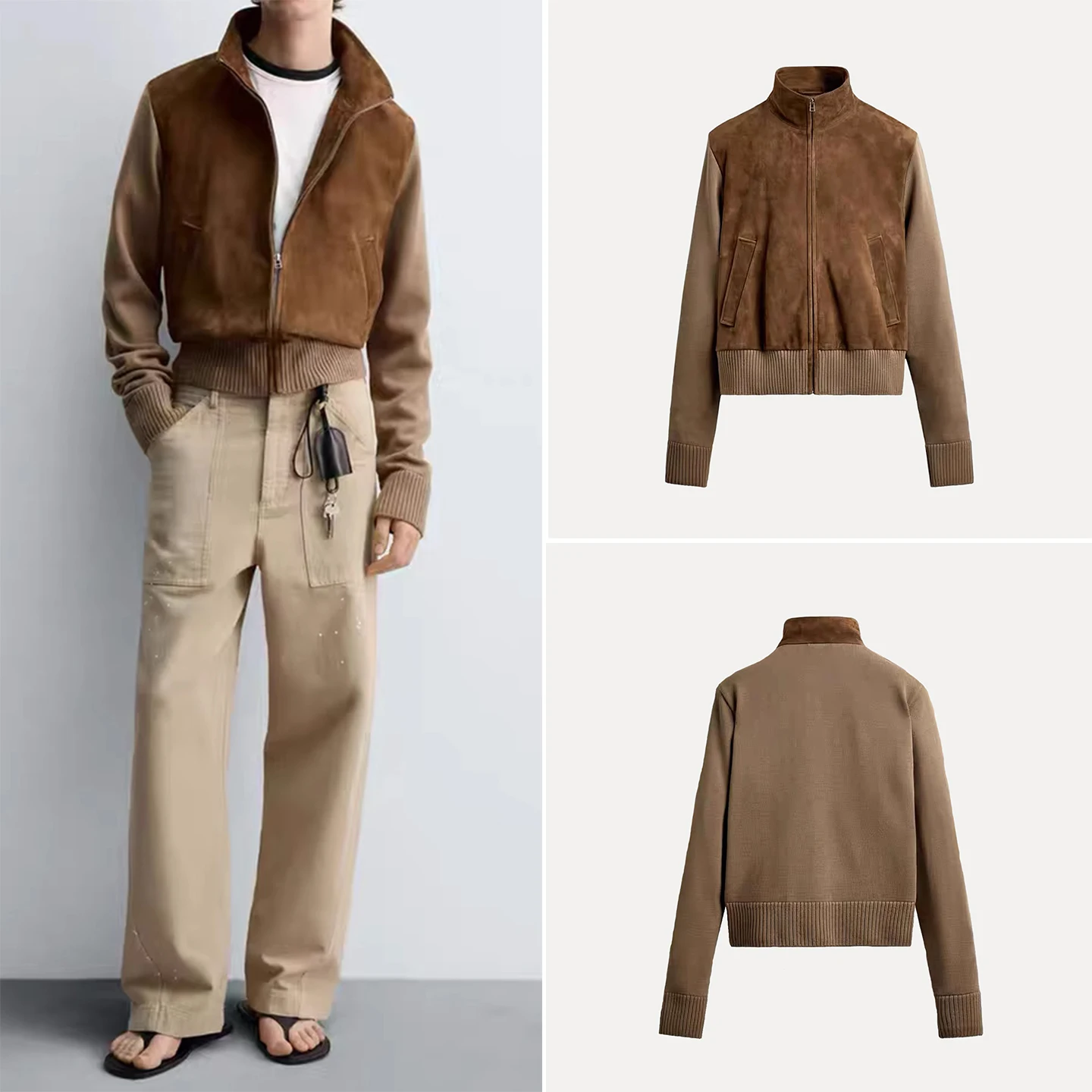 

Повседневная кожаная вязаная лоскутная куртка с воротником-стойкой, новинка осени 2024, мужская модная верхняя одежда, длинное пальто-свек с застежкой-молнией