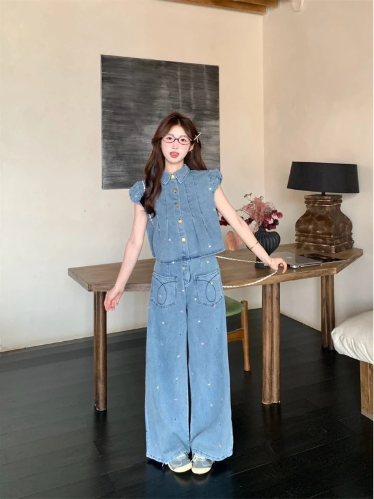 

Jeans Pant Sets for Women 2 Pieces Comfortable Clothing Trend 2025 Sales Promotion with Sleeve Denim Wide Leg Trousers Woman