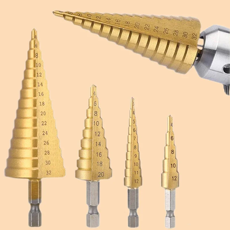 

Straight Groove Step Drill Bit Set 4-12mm 4-20mm 4-32mm Titanium Coated Wood Metal Hole Cutter HSS Core Cone Stepped Drill Bits