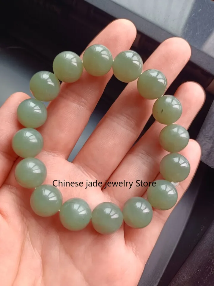 Certificate Hetian jade Bracelet 12mm Beads Nephrite Hand String Minor blemishes