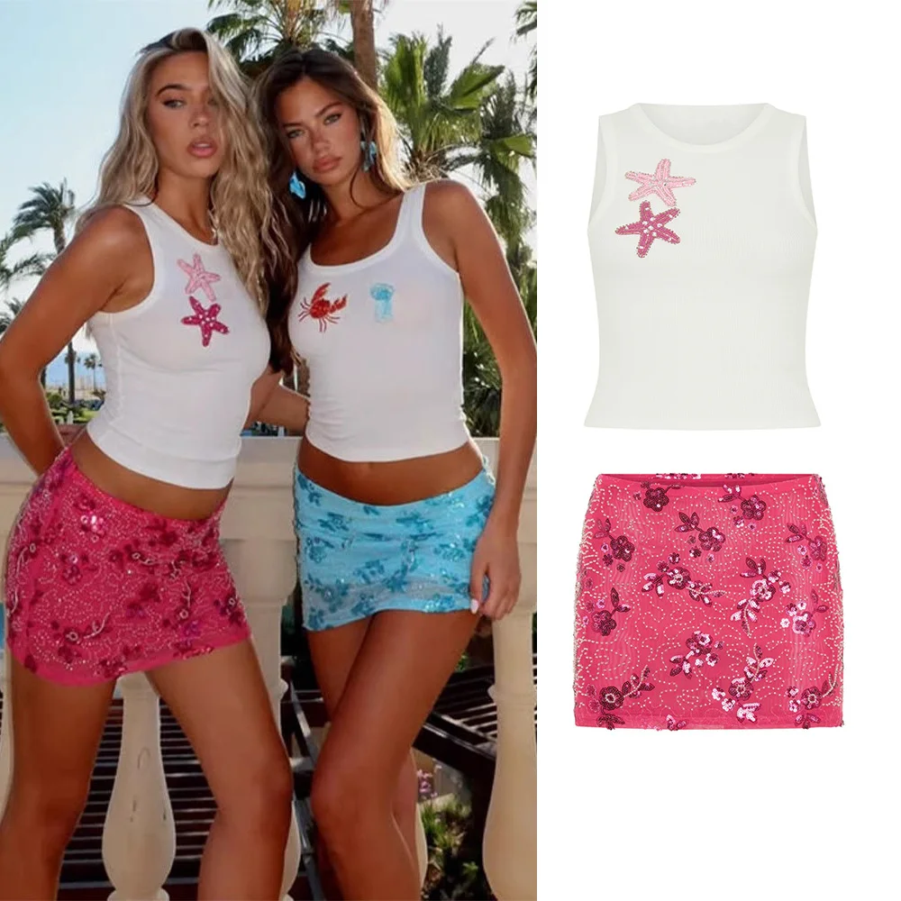 

PRINTKAOIR Sexy Tank Skirt Women's Set Appliques Sleeveless Tanks Sequin Mini Skirt Female 2025 Summer Beach Vacation Lady Suit