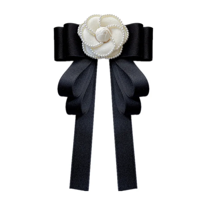 

Korean Ribbon Fabric Bow Tie Brooch Pin Pearl Camellia Flower Necktie Shirt Collar Luxulry Wedding Jewelry for Women Accessories