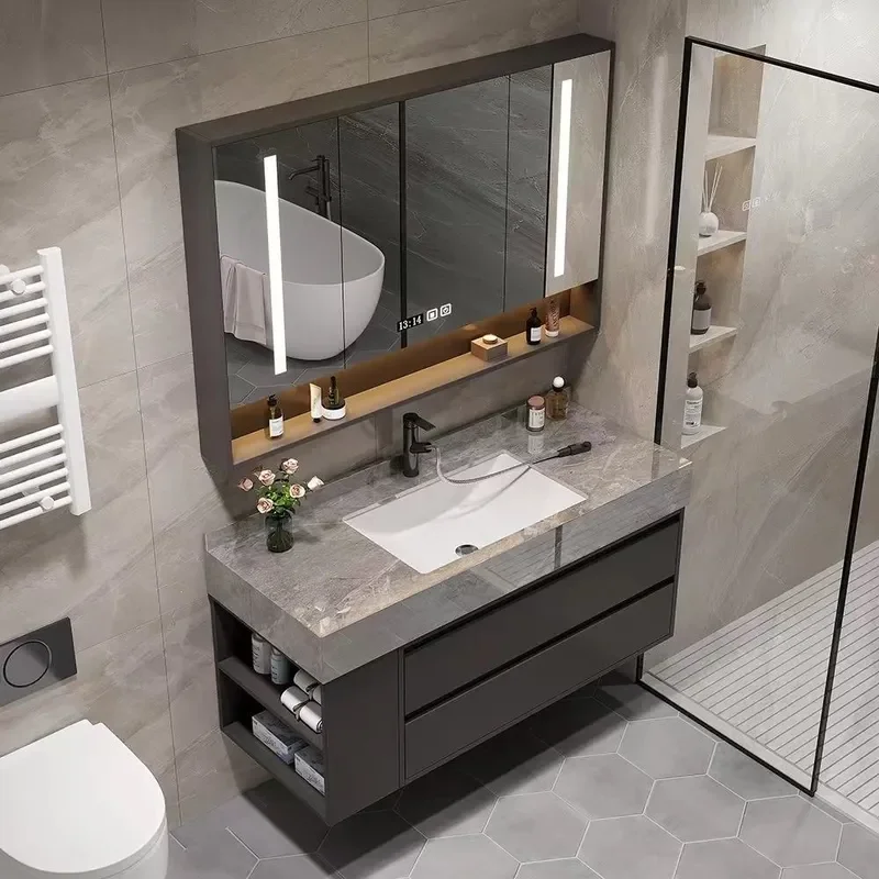 Modern Double Sink Vanity with Sintered Stone Top Integrated Basin Bathroom Cabinet Storage Unit for Contemporary Washroom