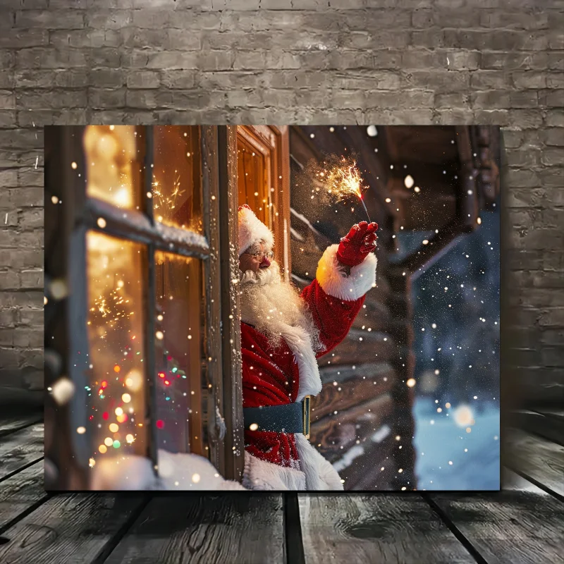 Santa Claus with Sparkler - Snowy Night Window Scene, Wooden Framed Canvas Art for Living Room Decor, 11.8x15.7 inches