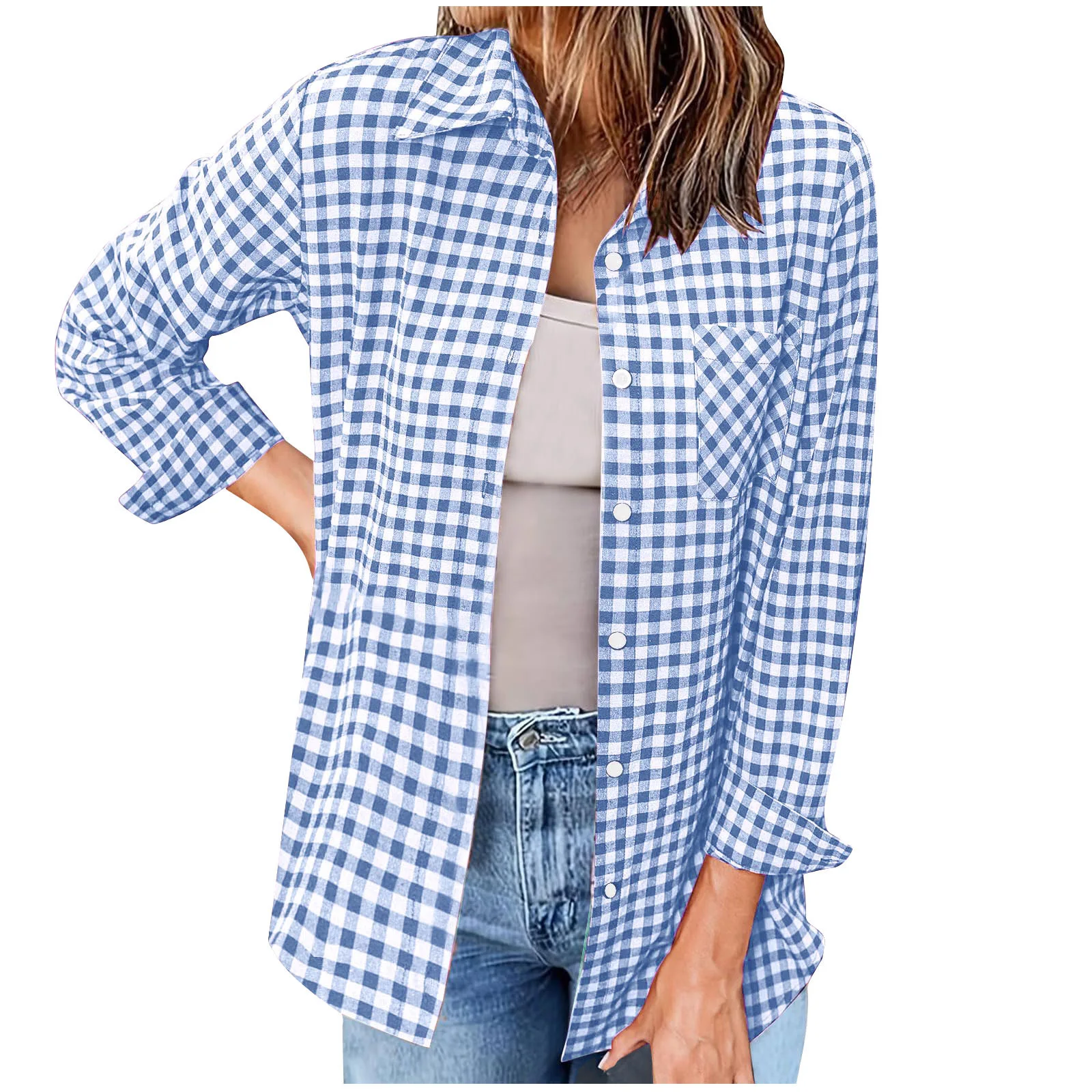 

2025 European and American New Plaid Women's Shirt Lapel Loose Women's Long-sleeved Top Plaid Shirt