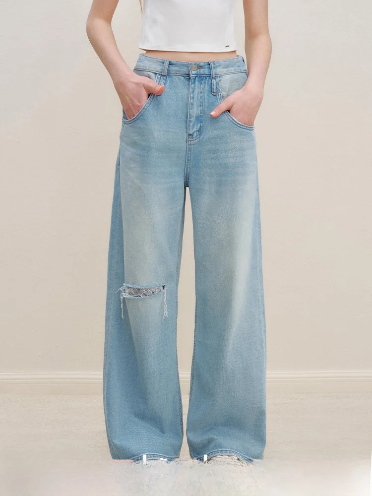 

Джинсы с высокой талией и широкими штанинами, с кружевными вставками, из чистого хлопка, прямого кроя, повседневные, из хлопкового денима.