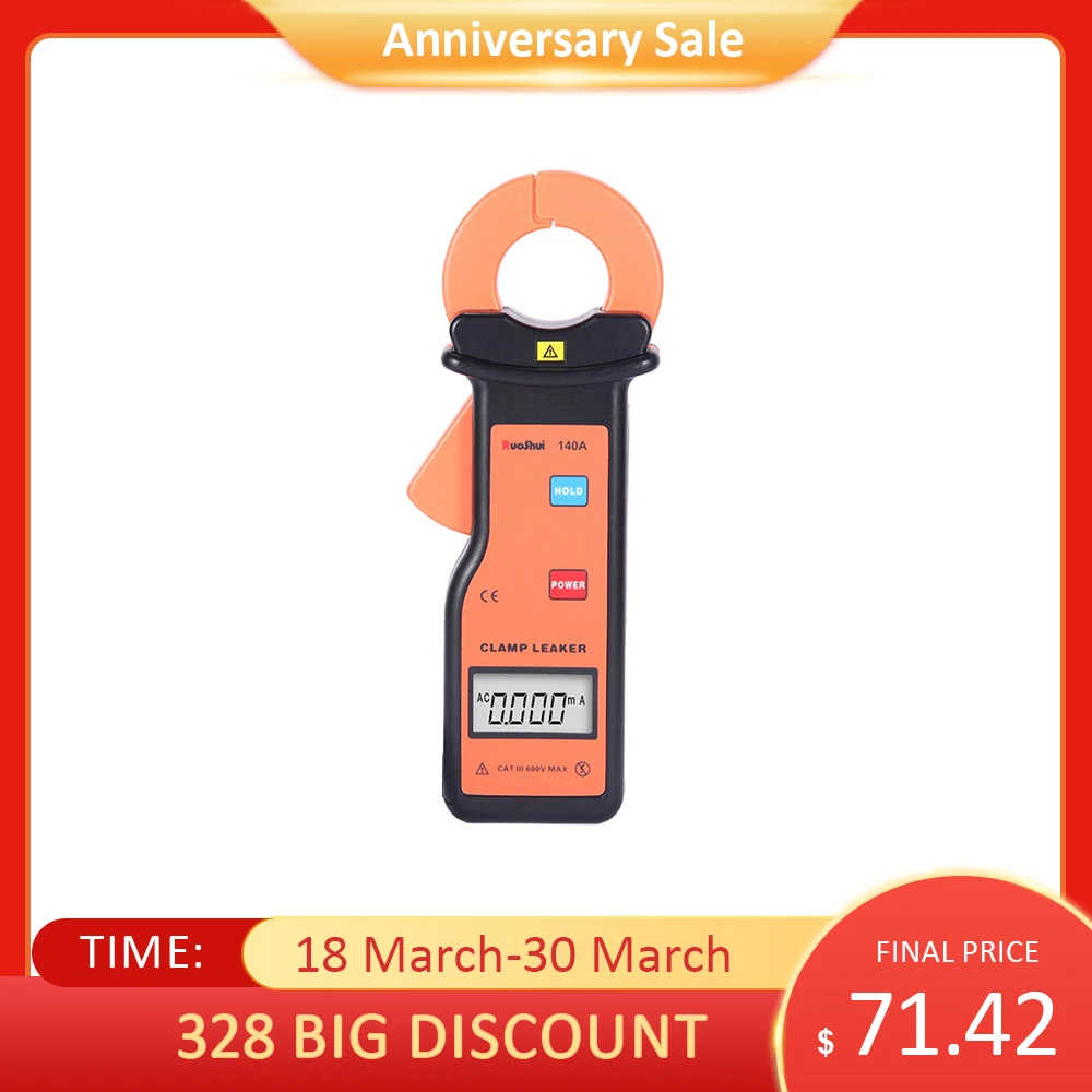 

RuoShui 140A Digital Clamp Leaker High Accuracy Leakage Current Clamp Meter Measure Range 0.000mA～60.00A LCD Automatic Tester