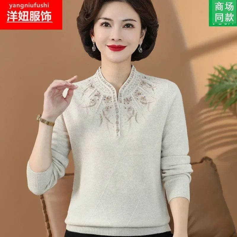 Women's Spring Autumn Sweater Diamond Keep Warm In Winter Plus Size Pullover Wool Korean Fashion Chinese Style Cheongsam Collar
