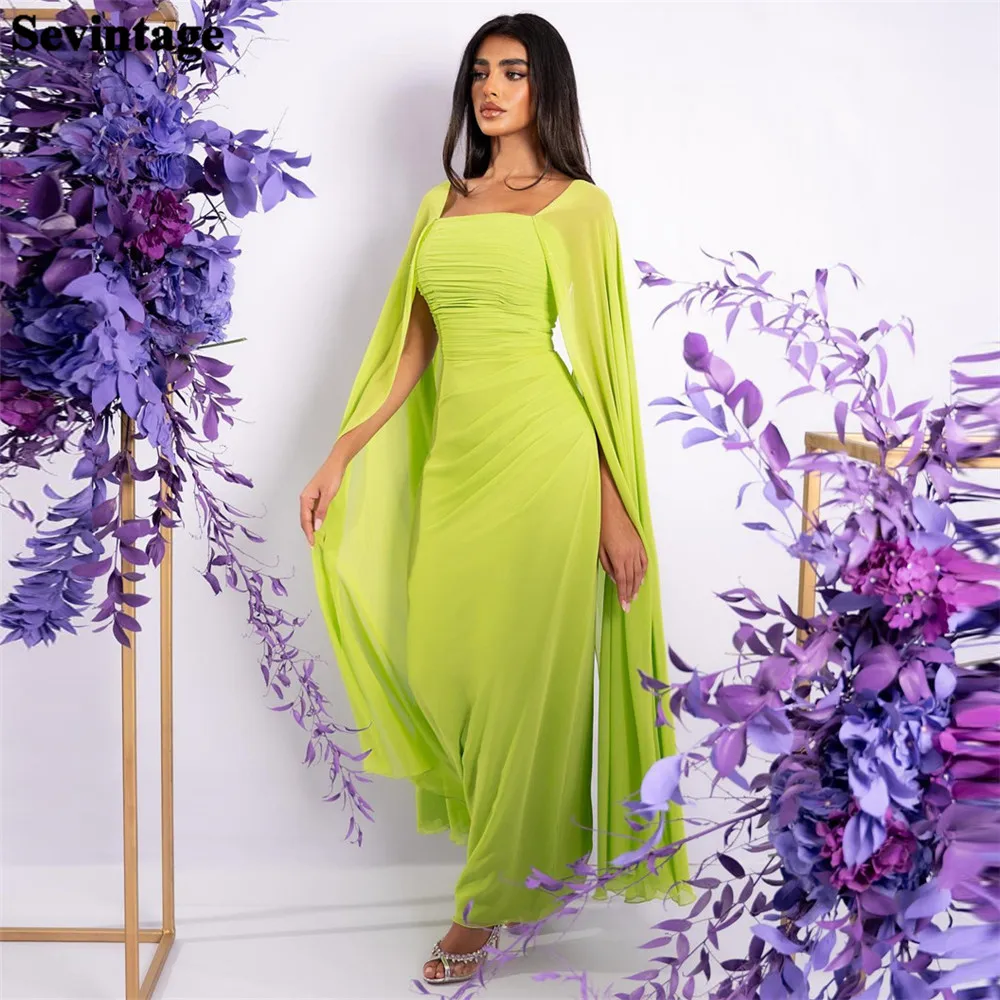 

Sevintage Minit Green Chiffon Prom Dresses Square Collar Long Open Cap Sleeves Pleats Formal Evening Gowns Women Specail Wear