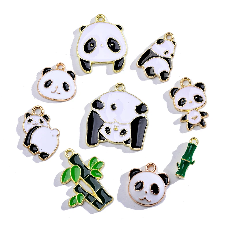 10 pçs bonito diversão panda de bambu esmalte cor liga pingente charme para brincos femininos pulseira chaveiro diy jóias fazendo amuleto