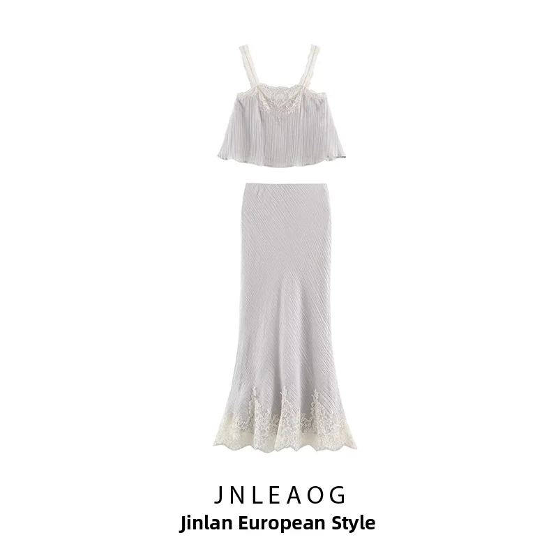 JNLEAOG Autumn New Women's Fashion Lace Hem Effect Top Half Skirt Set Regular Length Suitable for All Seasons Two-Piece Set