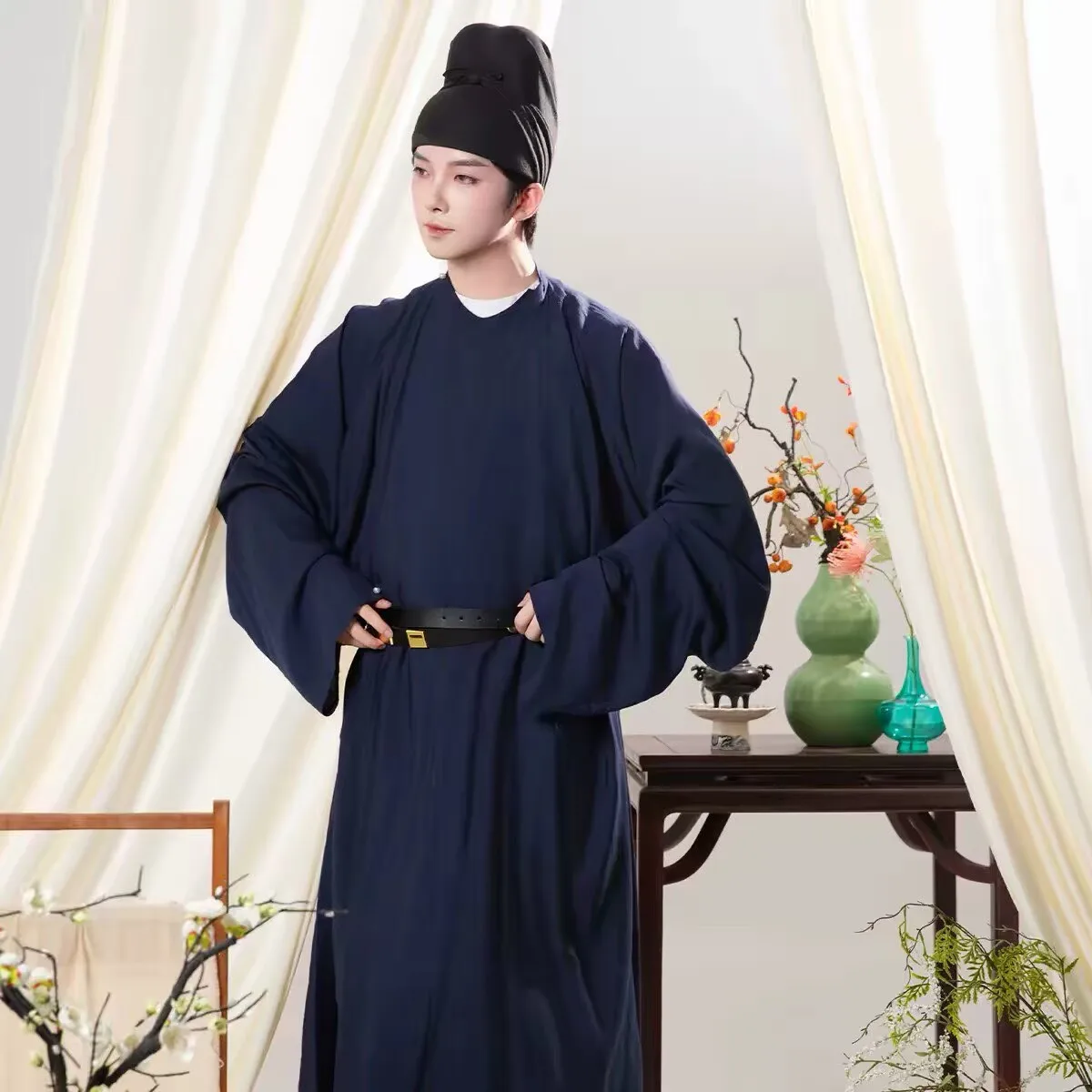Vintage Chinese Tang Style Hanfu For Men Solid Color Loose Fit Round Neck Kua Pao Robe Casual Daily Cosplay Inner Outfit