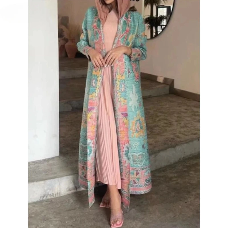 KAF Pleated Women Luxury Trench 2025 Spring Fall New Vintage Printed Cardigan Design Loose Large Size Arabian Female Abaya