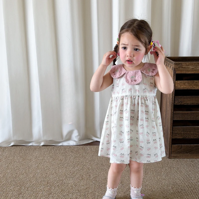 2026 Summer New Hot Selling Doll Neck Pink and White Color Blocked Cherry Small Fresh Pattern Dress