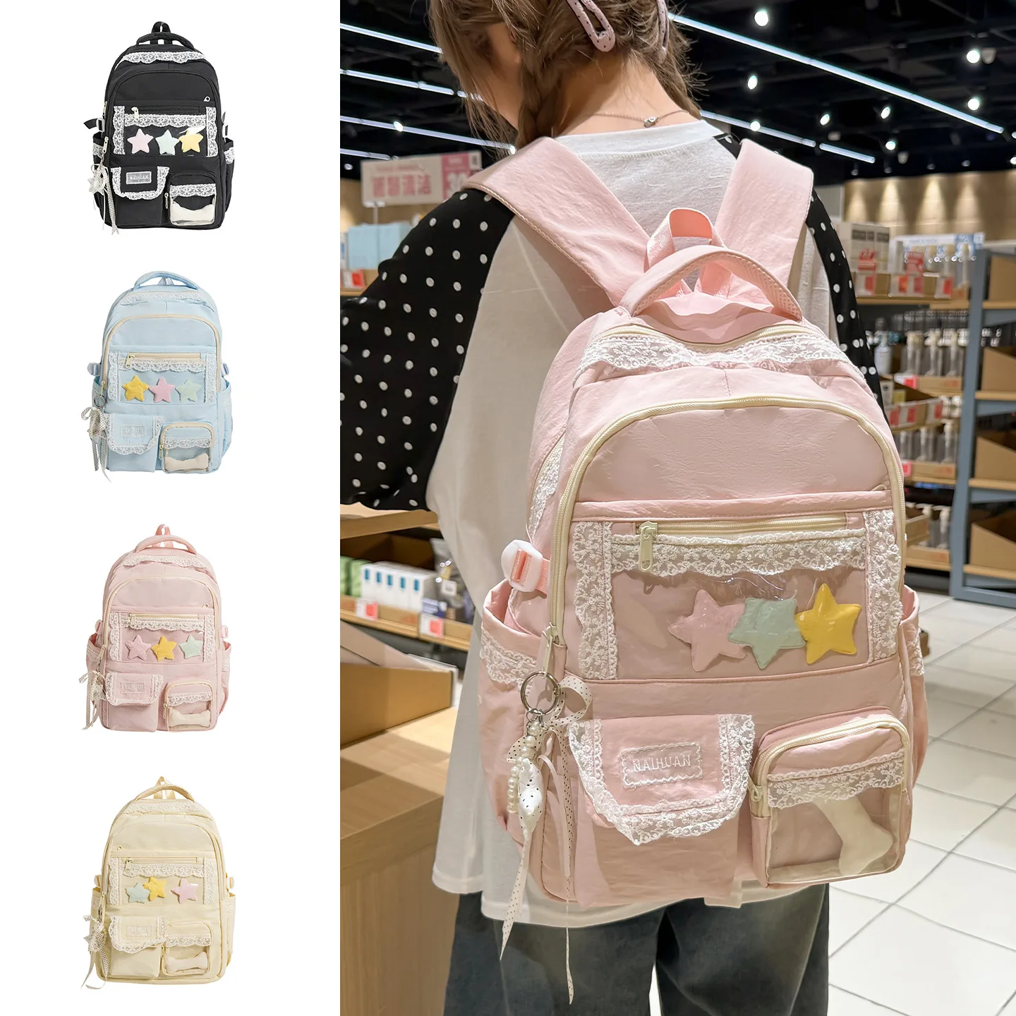 Girls Cute Star Patch Lace Nylon Backpack School Bag With Transparent Pocket Bow Decor Casual Student Travel Rucksack Female