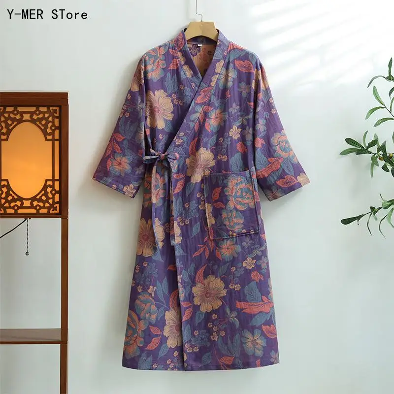 Spring Autumn Chinese Style Bathrobe Double Layer Gauze 100% Cotton Quick Dry Men Women Home Robe Loungewear Sleepwear 2
