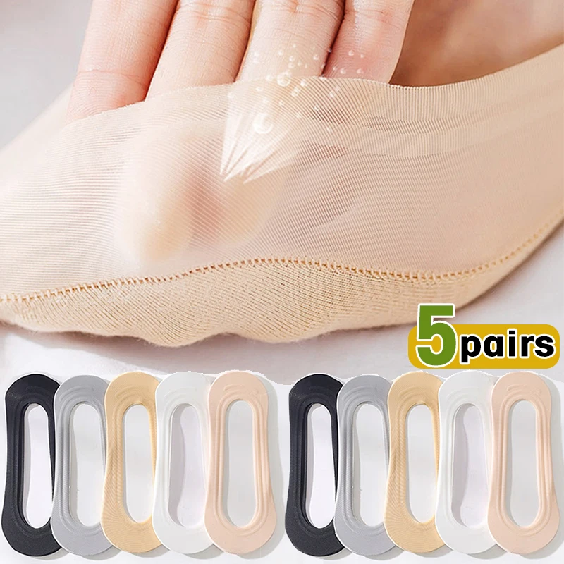 

5pairs Silicone Anti-slip Invisible No Show Socks Summer Ultra-thin Breathable Sock Slippers Solid Ice Silk Low Cut Boat Socks