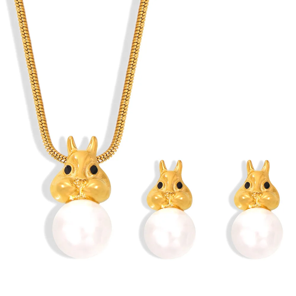 

New Cute Rabbit Shape Pearl Necklace Snake bone chain pendant inlaid with pearl titanium steel gold-plated jewelry set