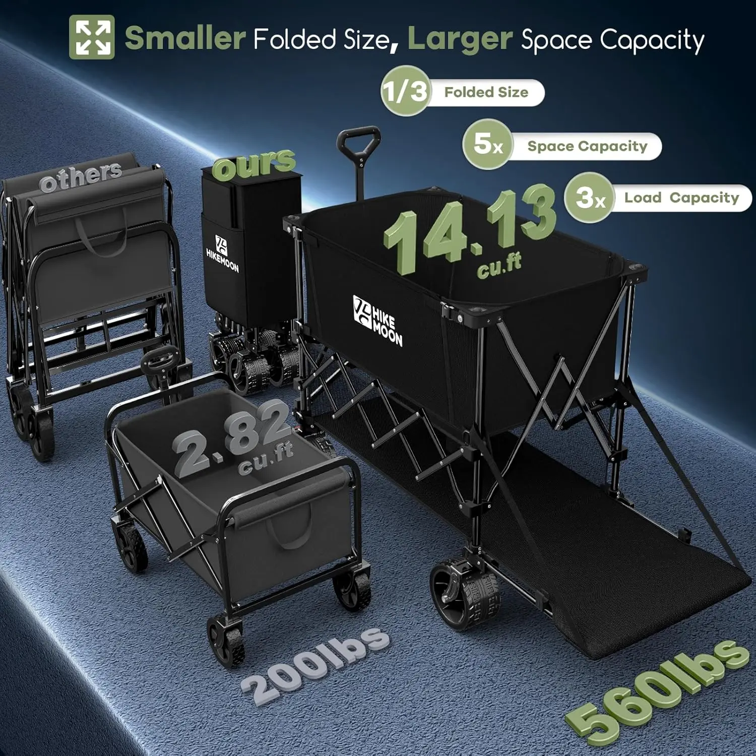 Beach, Camping, Sports Utility Cart - Steel, Black, 400L Capacity, 560LBS Heavy Duty, All-Terrain Wheels with Brakes, Foldable