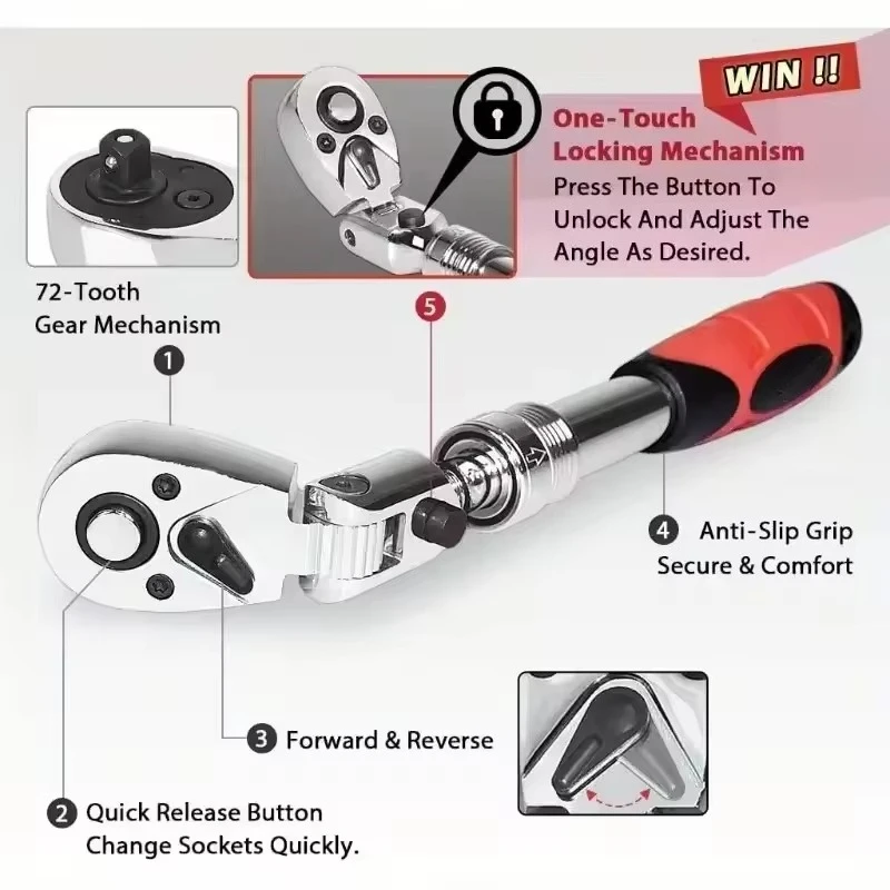

72-Tooth Telescopic Ratchet Wrench 1/4" 3/8" 1/2" Carbon Steel Quick Release Adjustable Multi-Function Repair Tool OEM