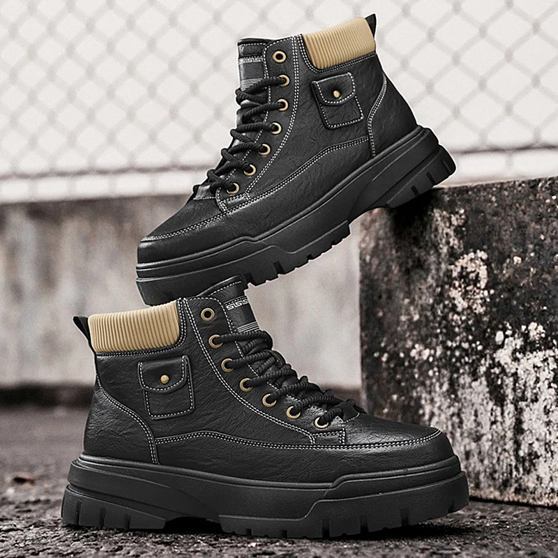 

Men Boots Autumn Leather Waterproof Mid-top Sports Shoes New Fashion Ankle Boots Casual Outdoor Hiking Boots Shoes Male Sneakers