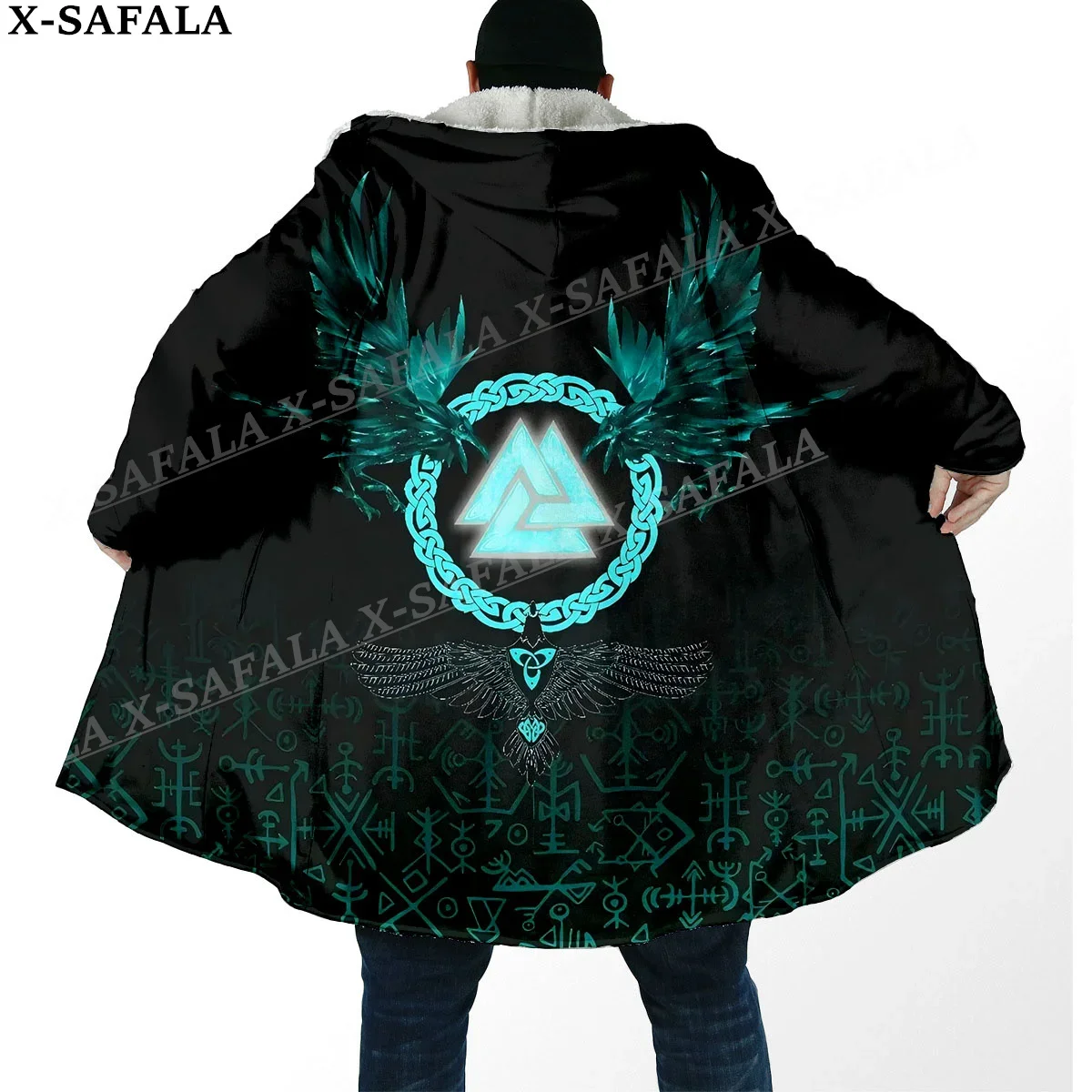 Norse Mythology Vegvisir Viking Symbol Thick Warm Hooded Cloak Men Overcoat Coat Windproof Fleece Cape Robe Hooded Blanket-37