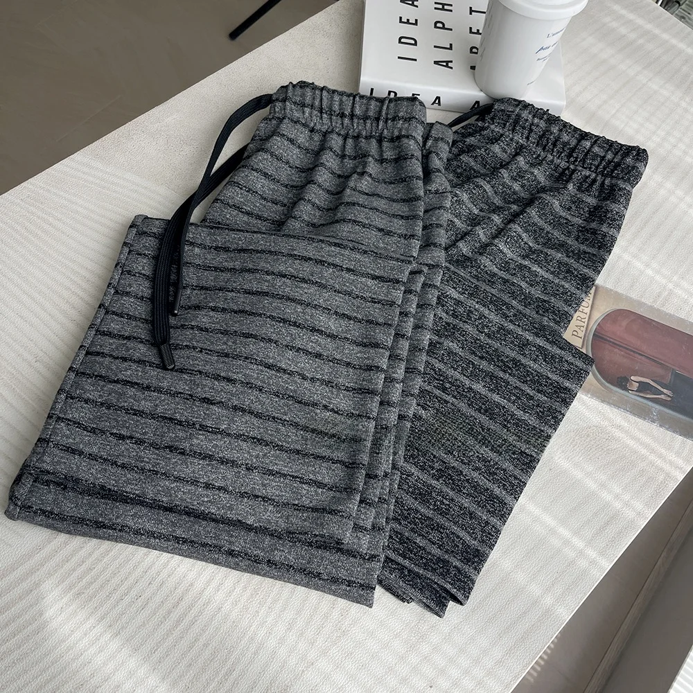 Slimming Wide Leg Pants Korean Sle Commute Knitted Trousers Dstring Elastic Waist Long Pants Faionable Stripes