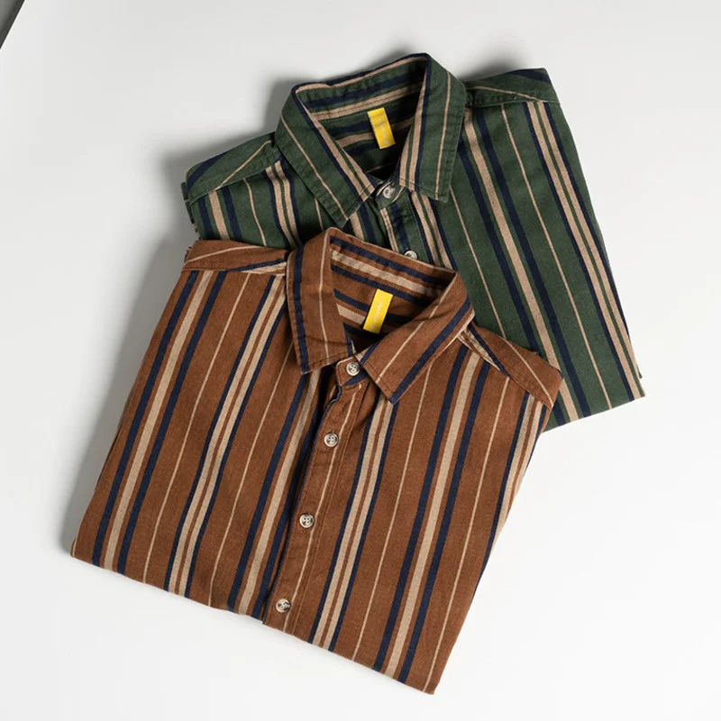 Vintage Men Green Vertical Striped Shirts Long Sleeve Cotton Button Up Tops Male Shirt Tops Korean Streetwear Camisas De Hombre